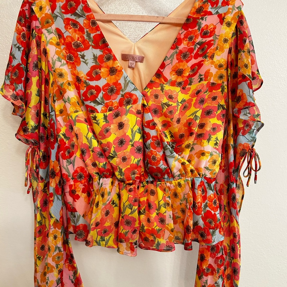 Guess Asymmetrical Flutter Sleeve Blouse in Red and Orange
